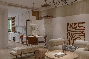 Oturma odasının iç mimarisi İskandinav, Japon ve Boho stillerini bir araya getirecek şekilde tasarlandı..