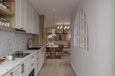 Modern Japandi mutfak iç tasarımı toprak tonlarında, doğal dokuları ahşap meşe mobilyaları ve sürgülü Japon ahşap kapıları. Japandi kavramı