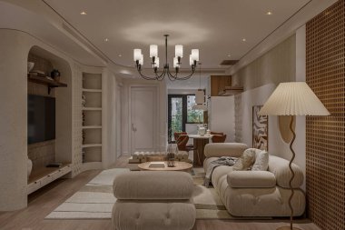 Minimalist yeteneği ve yaratıcı dekoru olan Kentsel Huzur Sakinleştirici Oturma Odası