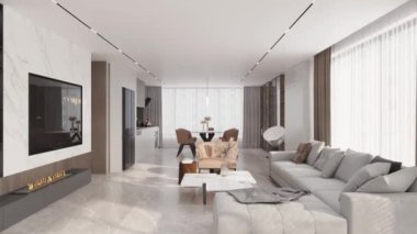 3D animasyonda, kamera modern bir açık yaşam alanından yemek odası olan modern bir dairede çağdaş tarzda bir gezinti yapar..