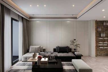 3D modern lüks oturma odası endüstriyel tasarımdan esinlenerek tasarlandı