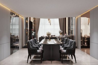 Çağdaş yemek odasında lüks bir iç dizayn.