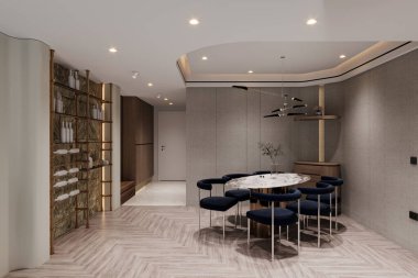 Daire yemek odasının modern iç tasarımının yanında şık mavi koltuklar ve yemek masası.