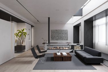 Estetik düşük ofis çalışma alanı iç tasarımı koyu gri kanepe ve oturma yeri