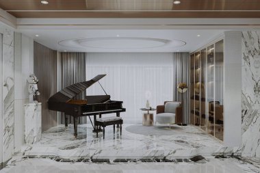 Boş bir oturma odasında piyanosu olan boş bir müzik odası