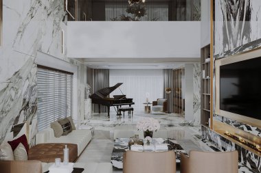 Lüks bir oturma odasının genel manzarası. Aydınlık ve güneşli bir oda