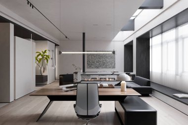 Gri ve ahşap CEO ofisi, masa ve sandalye, arka görüş