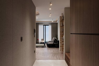 Modern bir oturma odasının yarı manzarası.