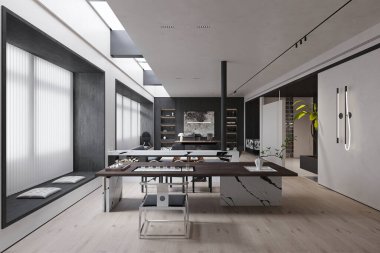 Ofis patronu odasında yer kaplayan modern iç mekan.