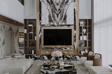 Şık bir iç mekan, duvarda televizyon ve Hollywood tarzı şömine.