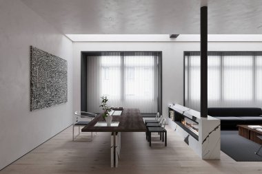 Beyaz ve ahşap döşeme patronu ofis içi toplantı odası.