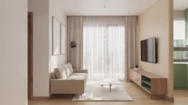 Animasyon sergilenen minimalist iç tasarım rahat, sıcak oturma odasında.
