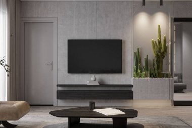 Ahşap dolabın üstündeki mermer döşeme üzerinde büyük bir televizyon ekranı ve televizyon panelinin yanında bir akvaryum..