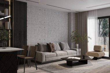 İskandinav tarzında döşenmiş modern bir oturma odasının 3 boyutlu tasarımı.