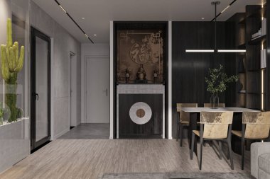 Bir stüdyo dairesinin yemek alanında küçük bir pagoda iç mekanı..