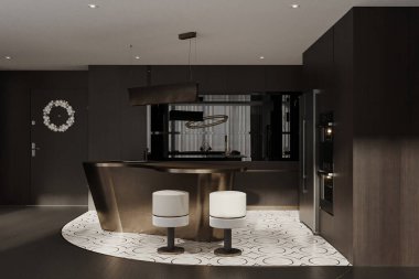 Beton ve koyu ahşap mutfak köşesi Bar ve poster ile