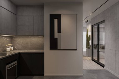 Modern mutfak odasının iç tarafındaki köşe manzarası, beyaz duvardaki poster çerçevesi..