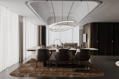 Modern yemek odasının iç tasarımı, ahşap yemek masaları ve panoramik pencerenin yanındaki sandalyeler..