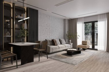 Modern ev, gösterişli ve minimalist tasarım elementleriyle geleneksel dokunuşlarla şık bir görünüş için birleştirilmiş.