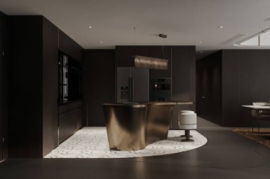 Geniş siyah mutfak, altın tezgahlı..