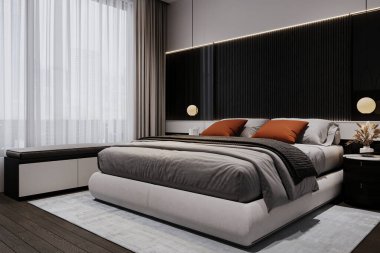 Şık bir yatak odası, geniş konforlu yatak odası ve bank..