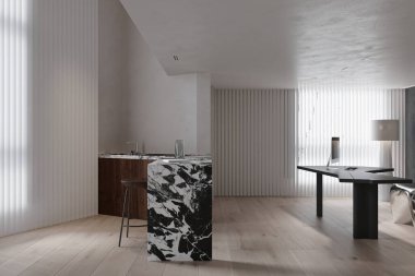 Geniş mermer bir adası, ahşap zemini ve stüdyo dairesi olan modern bir mutfak.