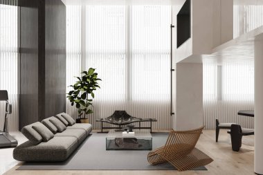 Modern minimalist bir iç mekan. Çağdaş bir oturma odasında, kanepeli.