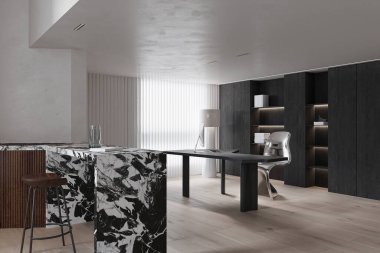 Modern ofiste modern konforlu bir iç mekan. Çalışma sütunları ve tezgah çubuğu olan açık bir iç mekan.