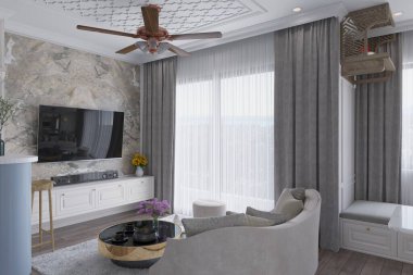 Güzel, modern çiftlik evi. Açık konsept oturma odası. Parlak, dağınık gün ışığı.