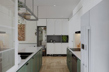 Pürüzsüz tezgahları, paslanmaz çelik aletleri ve geniş doğal ışığı olan minimalist bir mutfak tasarla..