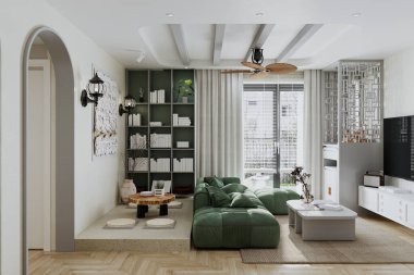 Büyük camları, şık mobilyaları, doğal renkleri ve iç kısımlarında yeşilliği olan minimal oturma odası.