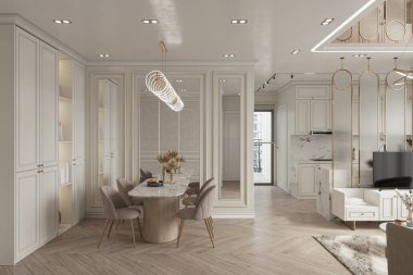 Minimalist beyaz modern mutfak ve yemek iç tasarımı.