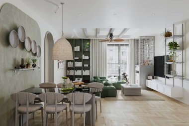 Minimalist tarzda oturma ve yemek odası olan modern Boho iç tasarımı.