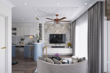 Modern oturma odası içi gri kanepe, beyaz mermer duvar paneli ve beyaz TV standı.