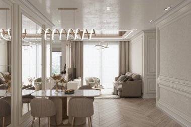 Lüks oturma odası ve yemek odası panoraması. Kanepe, koltuk 33D tasarımı.