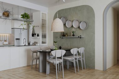 Kanadalı iskemleler, masalar ve zarif dekorlarla mutfakta şık bir boho yemeği.