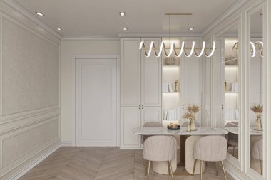 Bu modern yemek odası, doğal ışıkla yıkanmış, konforlu beyaz bir sandalye, masa ve minimalist bir dekor içeriyor.