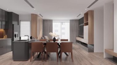 3D animasyon. Modern, küçük bir daire. Ortak bir yemek odası, mutfak ve oturma odası var..