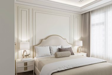 Modern bir dairede şık ve sakin bir yatak odası, ağırlıklı olarak beyaz tonlarda. Odada yumuşak yataklı lüks bir yatak var.