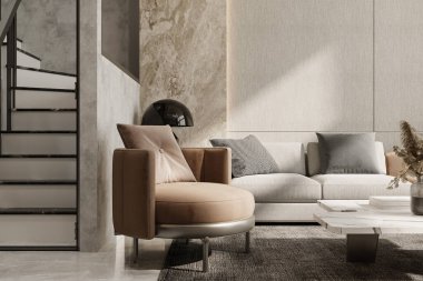 Çağdaş bir oturma odası, şık ve modern bir kanepesi ve çift katlı bir evi olan bir koltuk.