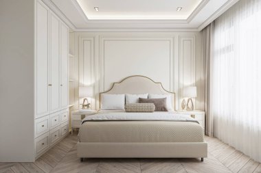 Parlak yatak odası, beyaz bir duvar, kemer ve parlak, rahat bir yatak..