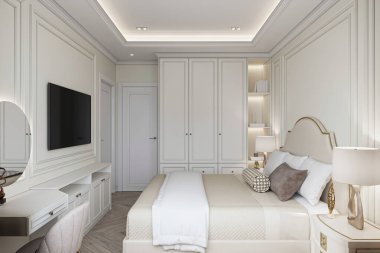 Parlak bir yatak odası, beyaz bir duvar, kemer ve parlak, rahat bir yatak.