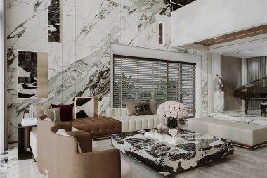 Geleneksel tarzda şık oturma odasında rahat bir kanepe ve koltuk.