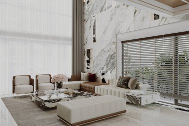 Beyaz arka planı ve parlak gün ışığıyla modern oturma odasının içinde.