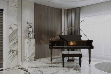 Piyanonun yerleştirildiği modern bir ev. Pencere 3D illüstrasyondan doğal ışık alıyor.