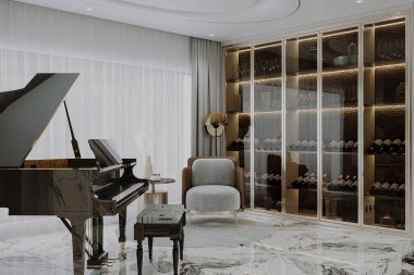 Modern yaşam alanı bir piyanonun yerleştirildiği ve pencere 3D illüstrasyonunun doğal ışığına sahip olduğu yer.