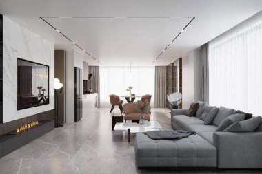 Modern bir apartman dairesinde çağdaş bir iç tasarım yemek boyunca lüks, modern bir kanepe ve gösterişli dekorasyonla yaşıyor..