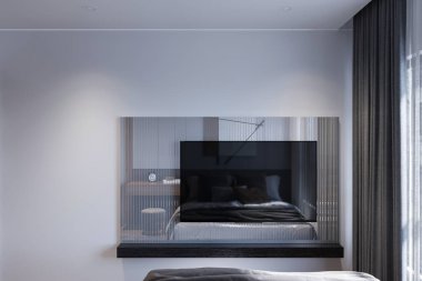 Geçiş tarzında duvarına büyük bir televizyon monte edilmiş modern bir ana yatak odası.