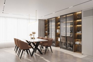 Geniş pencereli ve rahat koltuklu parlak ve ferah yemek odası..