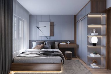 Renkli modern beyaz ve mavi yatak odası büyük panoramik pencereli